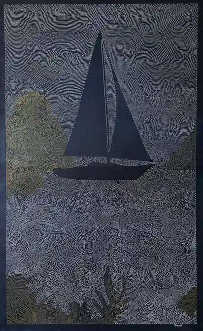 This is a traditional Aboriginal dot painting on dark blue canvas, featuring intricate white and gold dot patterns that form…