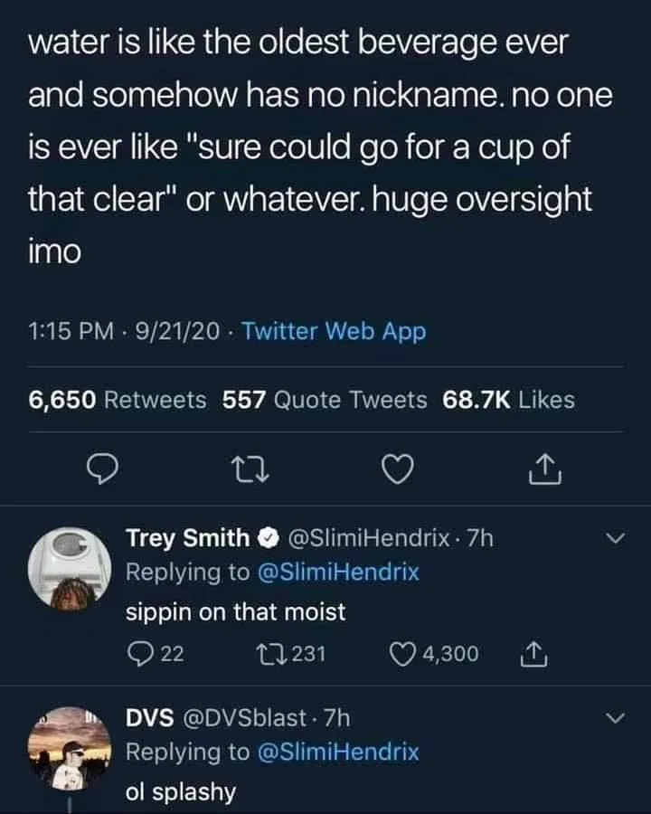 A screenshot of a Twitter thread where the original tweet laments that water, the oldest beverage, lacks a nickname like…