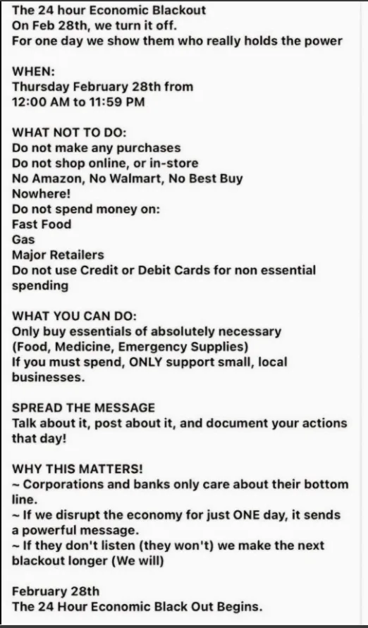 A black-and-white image displays a detailed flyer for 'The 24 Hour Economic Blackout' scheduled for February 28th, listing…
