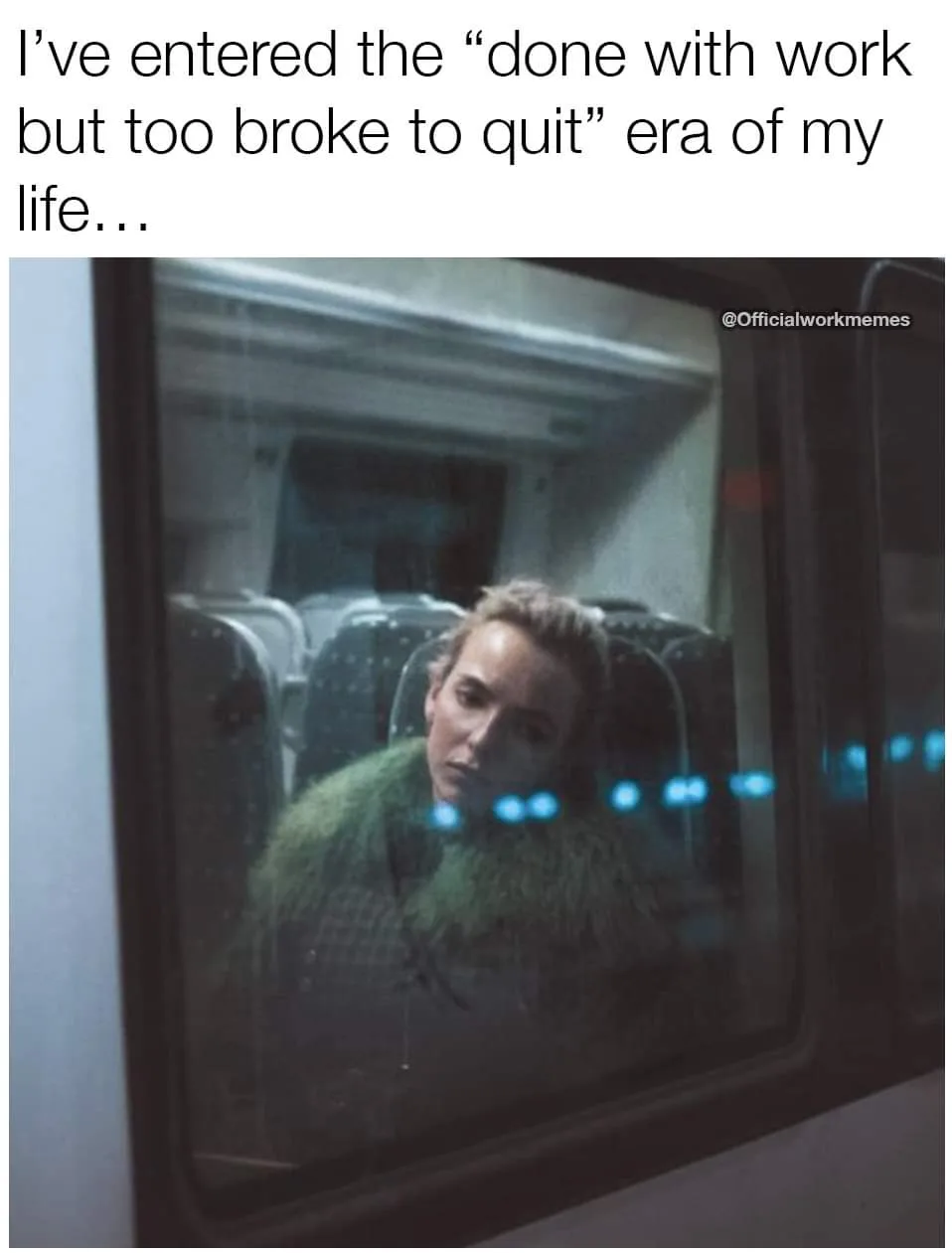 A person with a weary expression sits inside a dimly lit public transport vehicle, viewed through a window with raindrops…