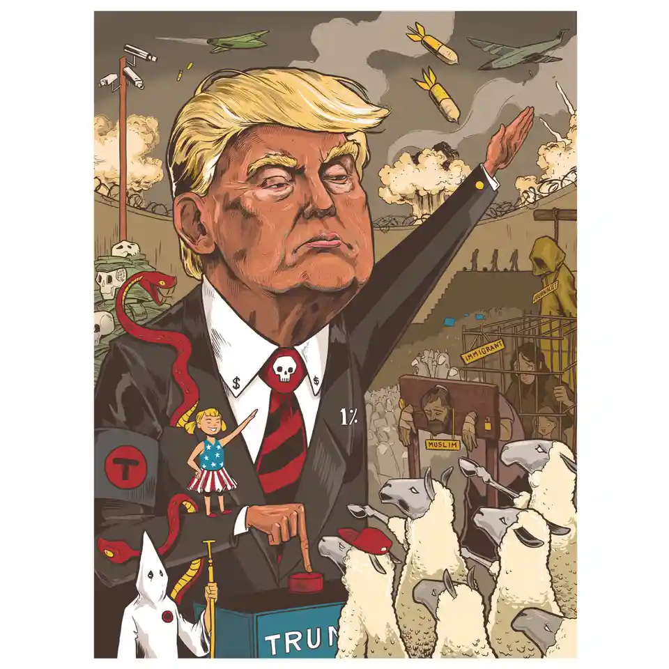 A political cartoon depicts a caricature of Donald Trump in a suit, pointing at a button labeled 'TRUMP' while surrounded by…