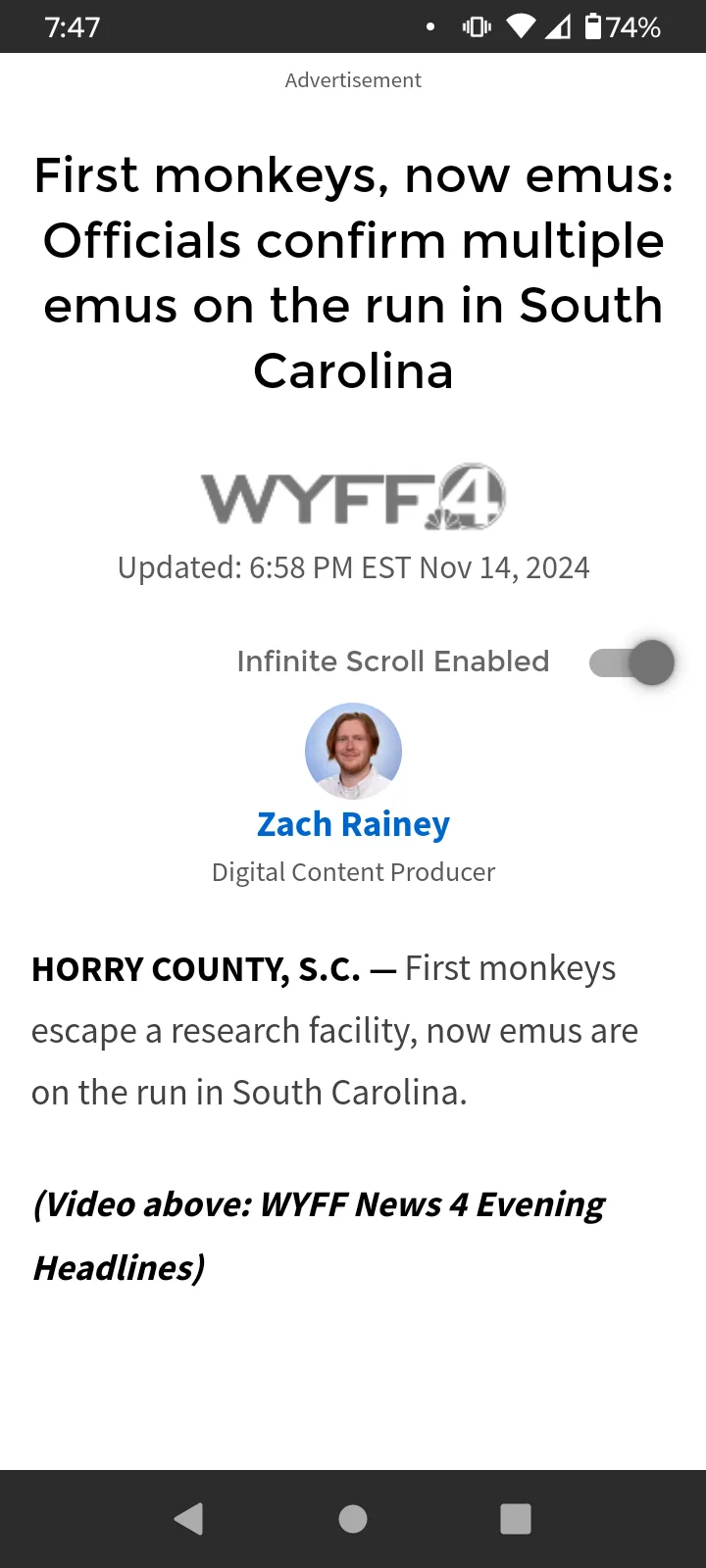 A screenshot of a news article from WYFF 4, dated November 14, 2024, with the headline 'First monkeys, now emus: Officials…