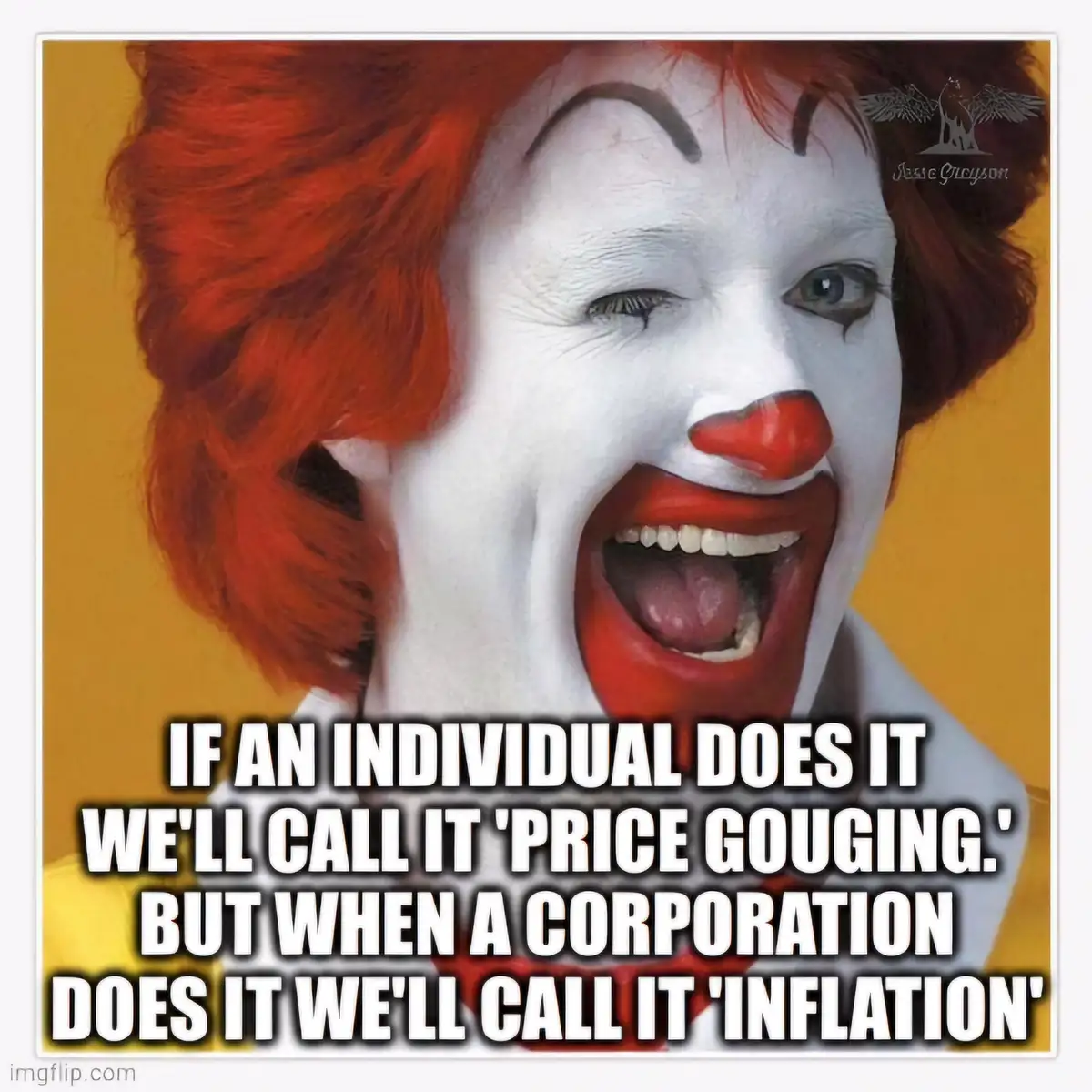 A close-up image of Ronald McDonald with a wide, manic grin, white face paint, red nose, and red hair against a yellow…