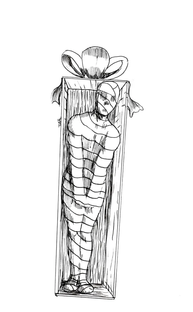 A black-and-white line drawing shows a person tightly wrapped in bandages like a mummy, standing upright inside a tall…