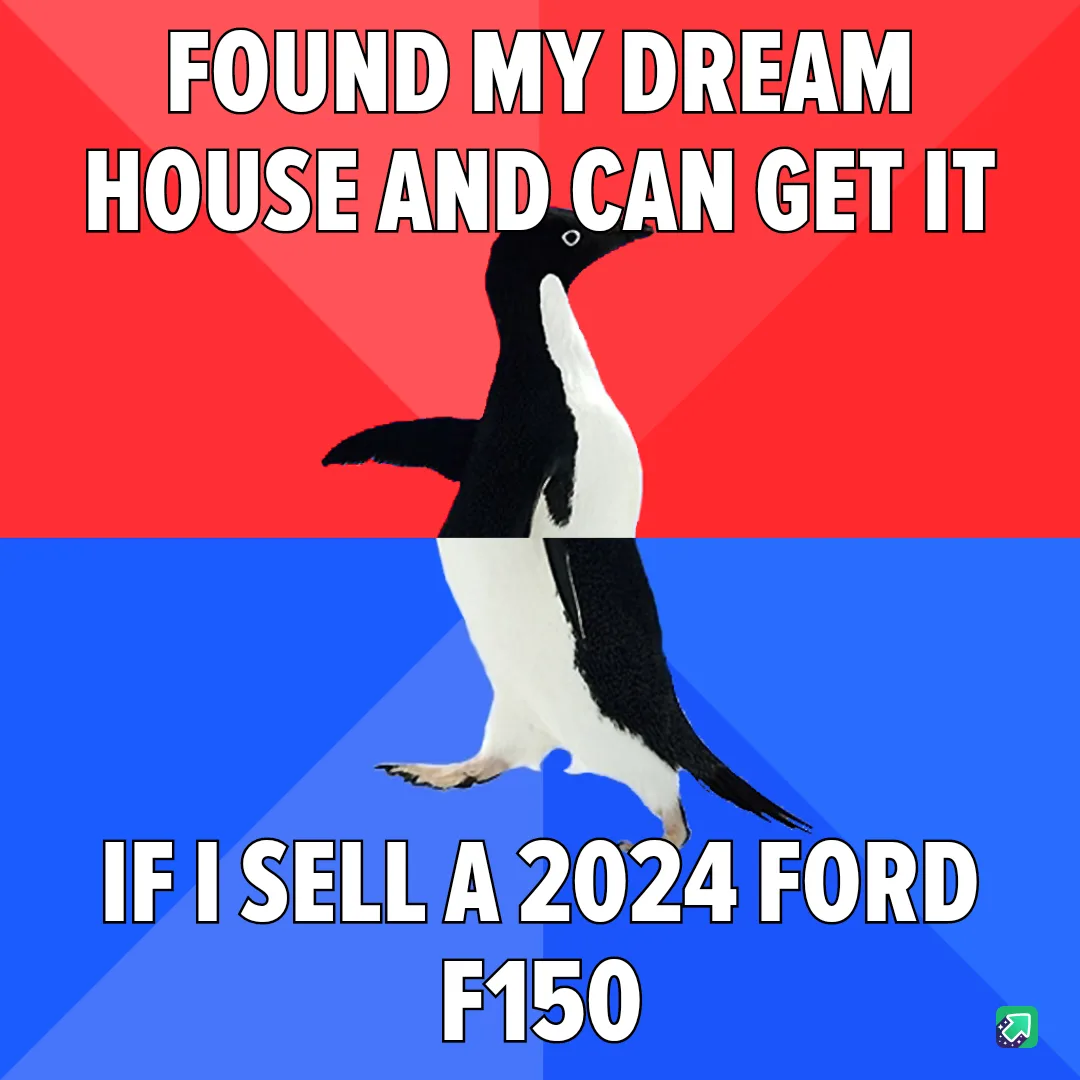A black-and-white penguin stands centered against a red-and-blue background, with bold white text above and below. The top…