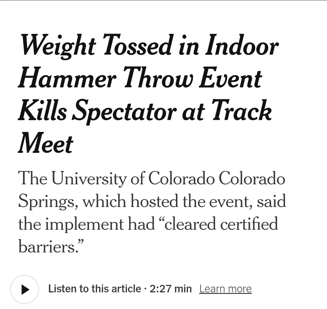 The image displays a screenshot of a news article headline stating 'Weight Tossed in Indoor Hammer Throw Event Kills…