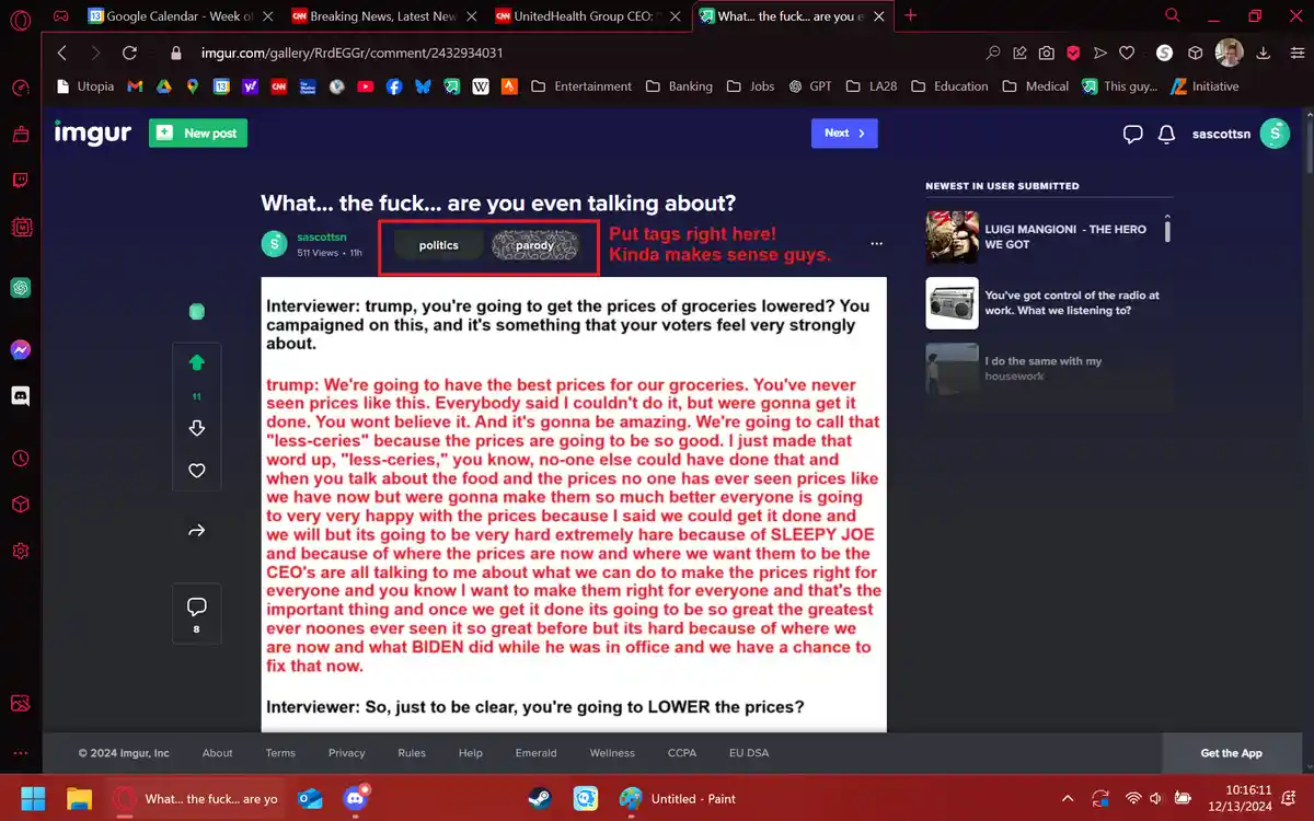 An Imgur post displays a transcript of a fictional interview where Donald Trump claims he will lower grocery prices, using…
