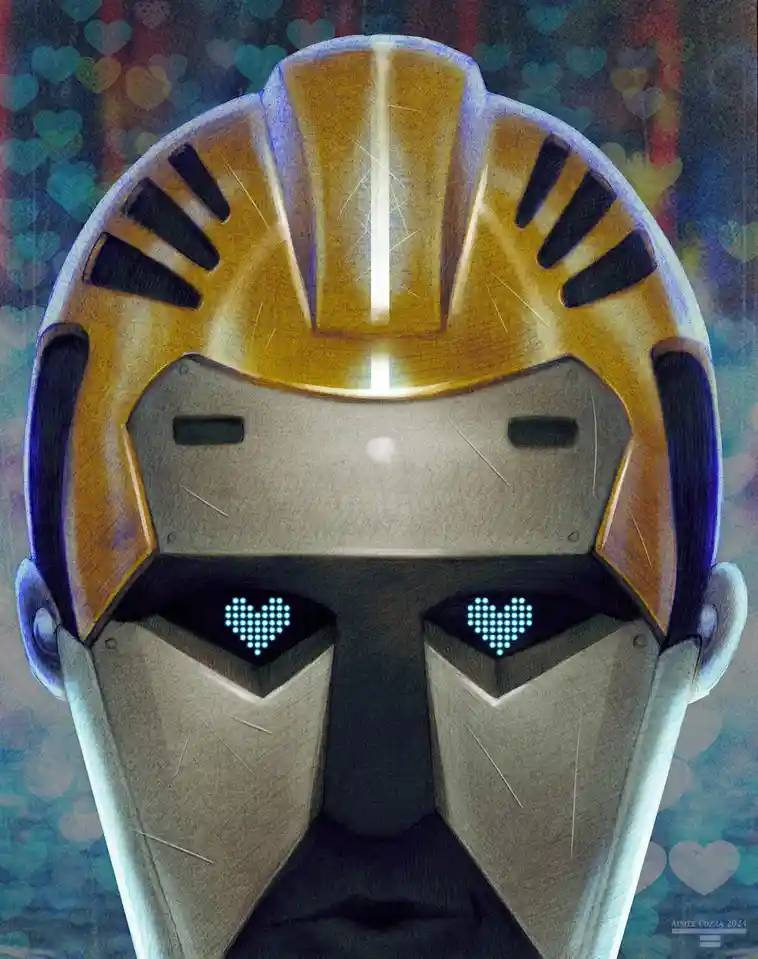 A close-up of a robot's face with a gold and silver helmet, featuring glowing blue heart-shaped eyes. The background is…