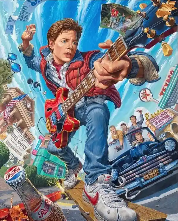 A dynamic, colorful illustration depicts Marty McFly from 'Back to the Future' mid-air, playing a red electric guitar while…