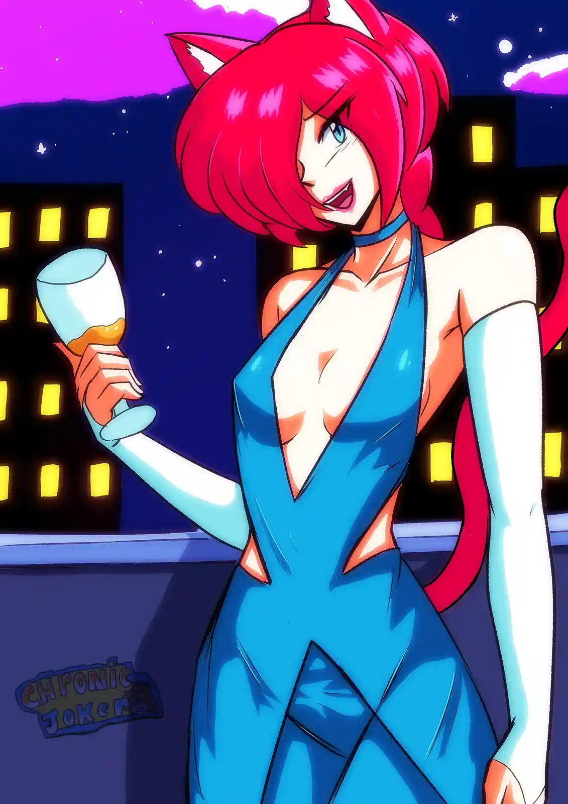 An anime-style illustration of a red-haired, cat-eared woman in a blue dress holding a glass of champagne on a rooftop at…