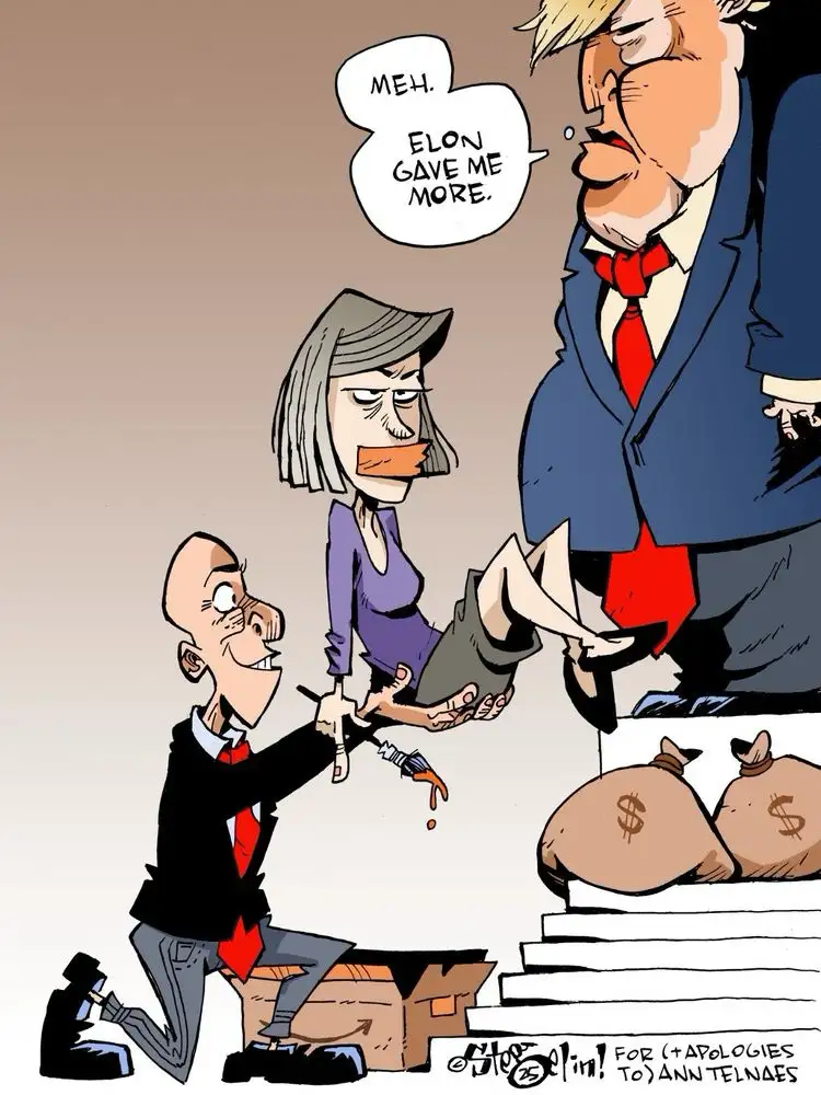 A cartoon depicts a caricature of Donald Trump standing over a woman with a gagged mouth, who is holding a bag of money. A…