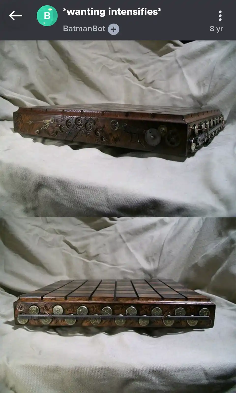 Two photos show a wooden box with intricate steampunk-style metalwork on its side, then reveal its underside with a row of…