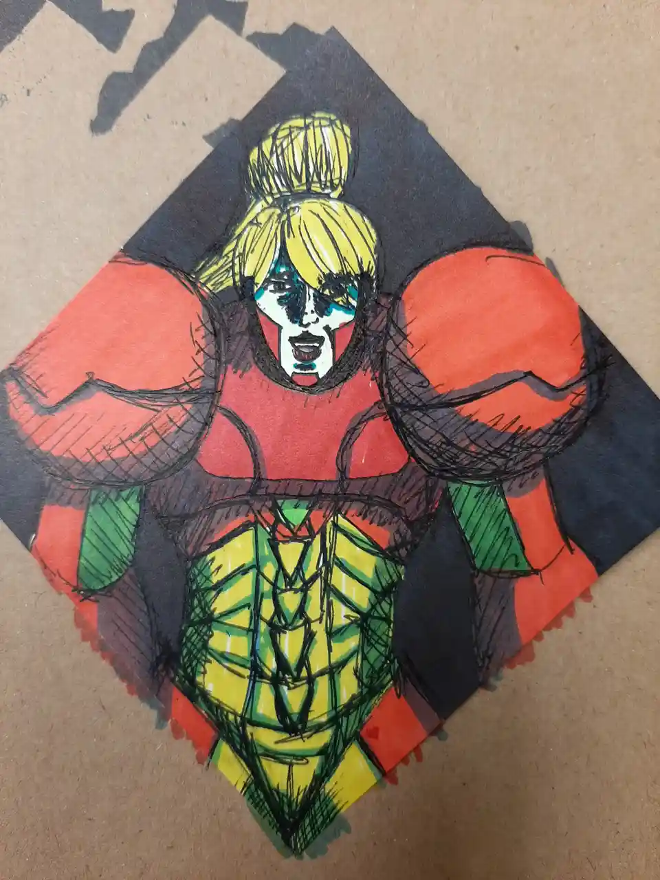 A hand-drawn, diamond-shaped illustration depicts a muscular, blonde woman with her hair in a bun, wearing a red top and…