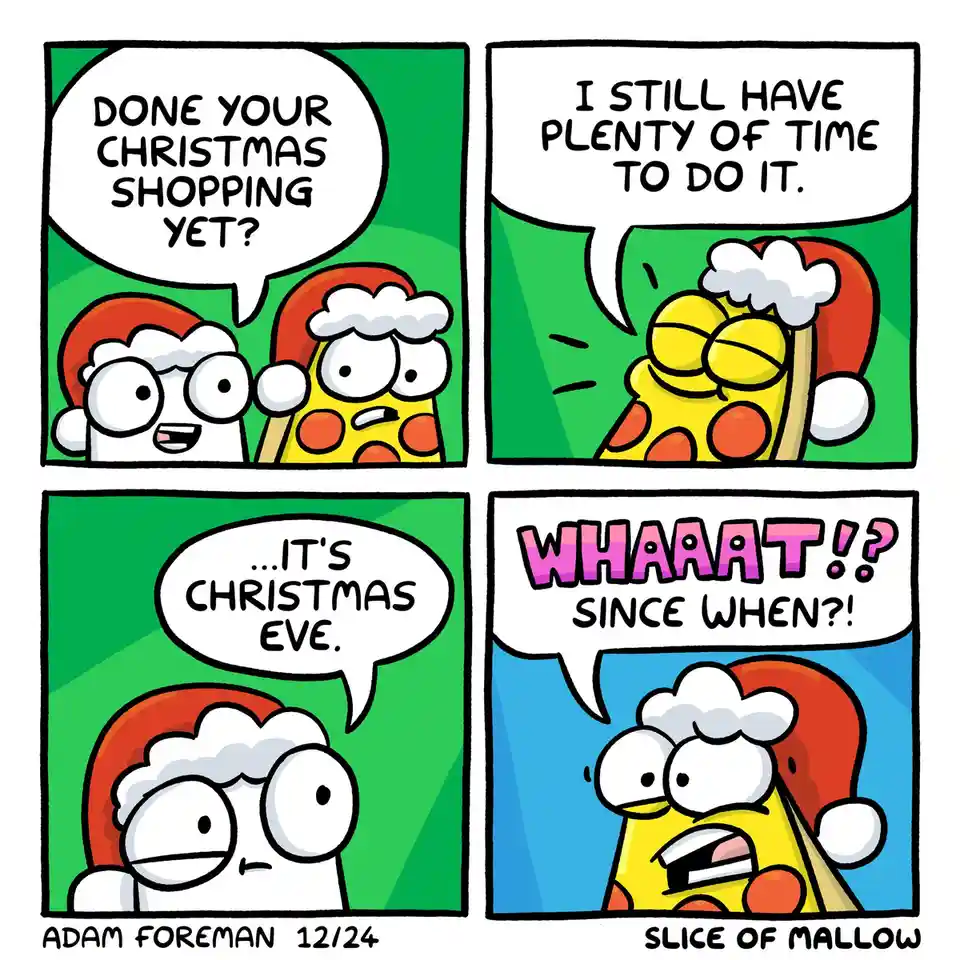 A four-panel comic strip featuring two cartoon characters wearing Santa hats. One character asks if the other has done…