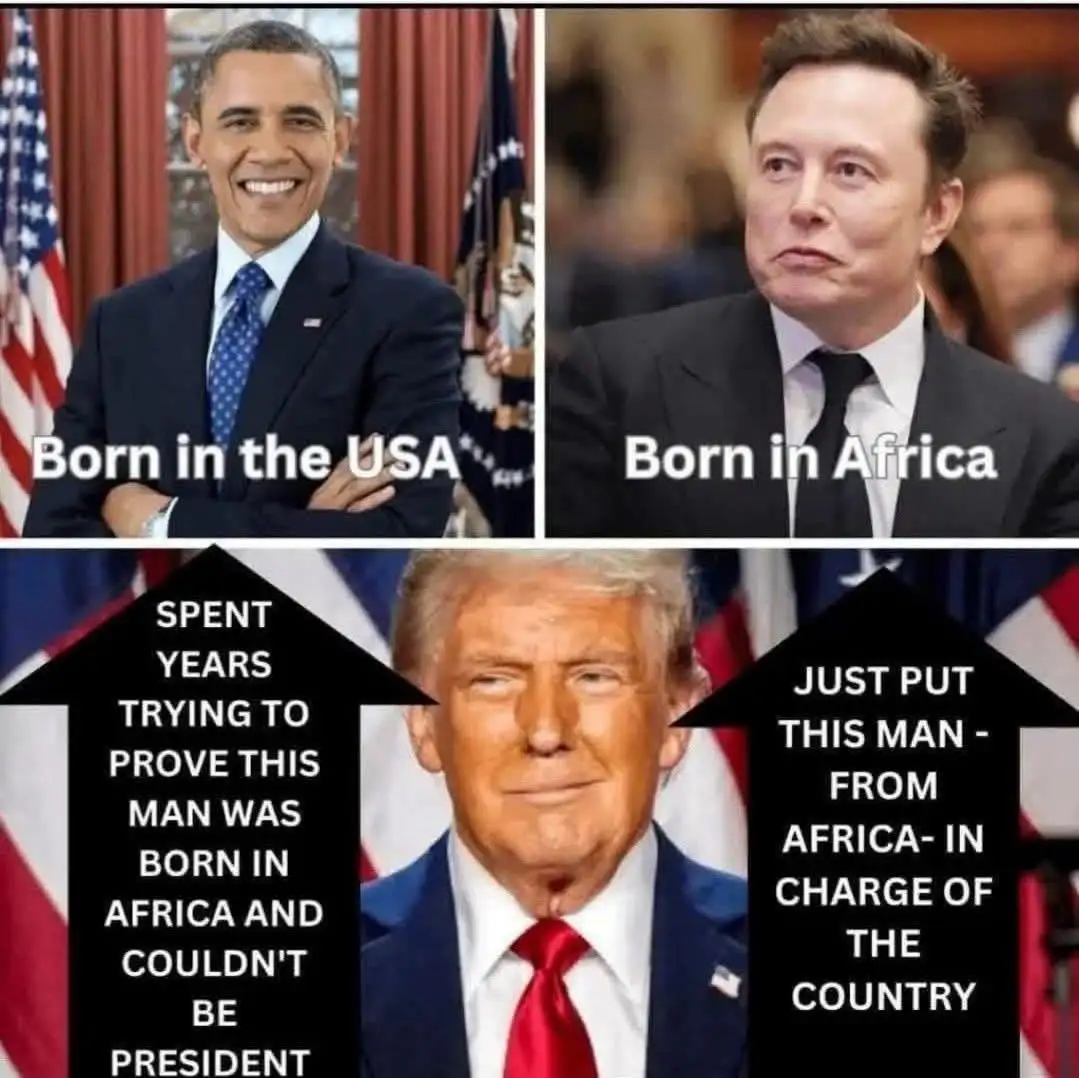 The image is a three-panel meme featuring Barack Obama, Elon Musk, and Donald Trump. The top left panel shows Barack Obama…