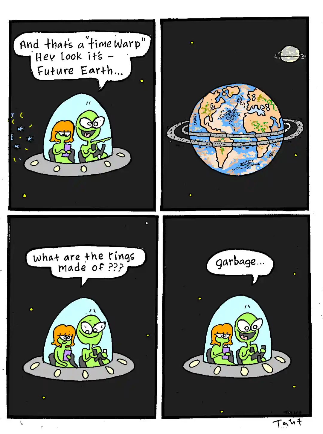A four-panel comic strip shows two aliens in a spaceship observing a future Earth with rings around it. The male alien…