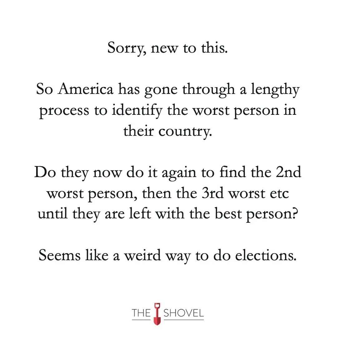 A white background with black serif text that reads: 'Sorry, new to this. So America has gone through a lengthy process to…