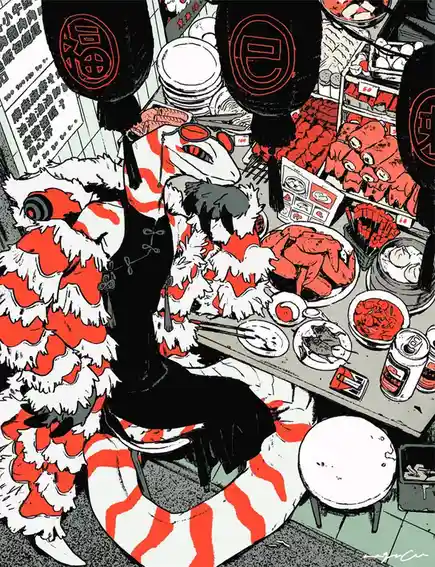 An anime-style illustration shows a person in a black outfit sitting at a table in a Chinese restaurant, surrounded by red…