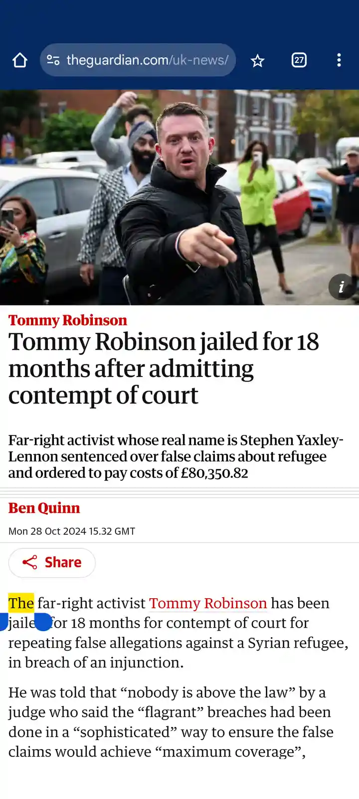 A screenshot of a Guardian news article about Tommy Robinson being jailed for 18 months for contempt of court after making…