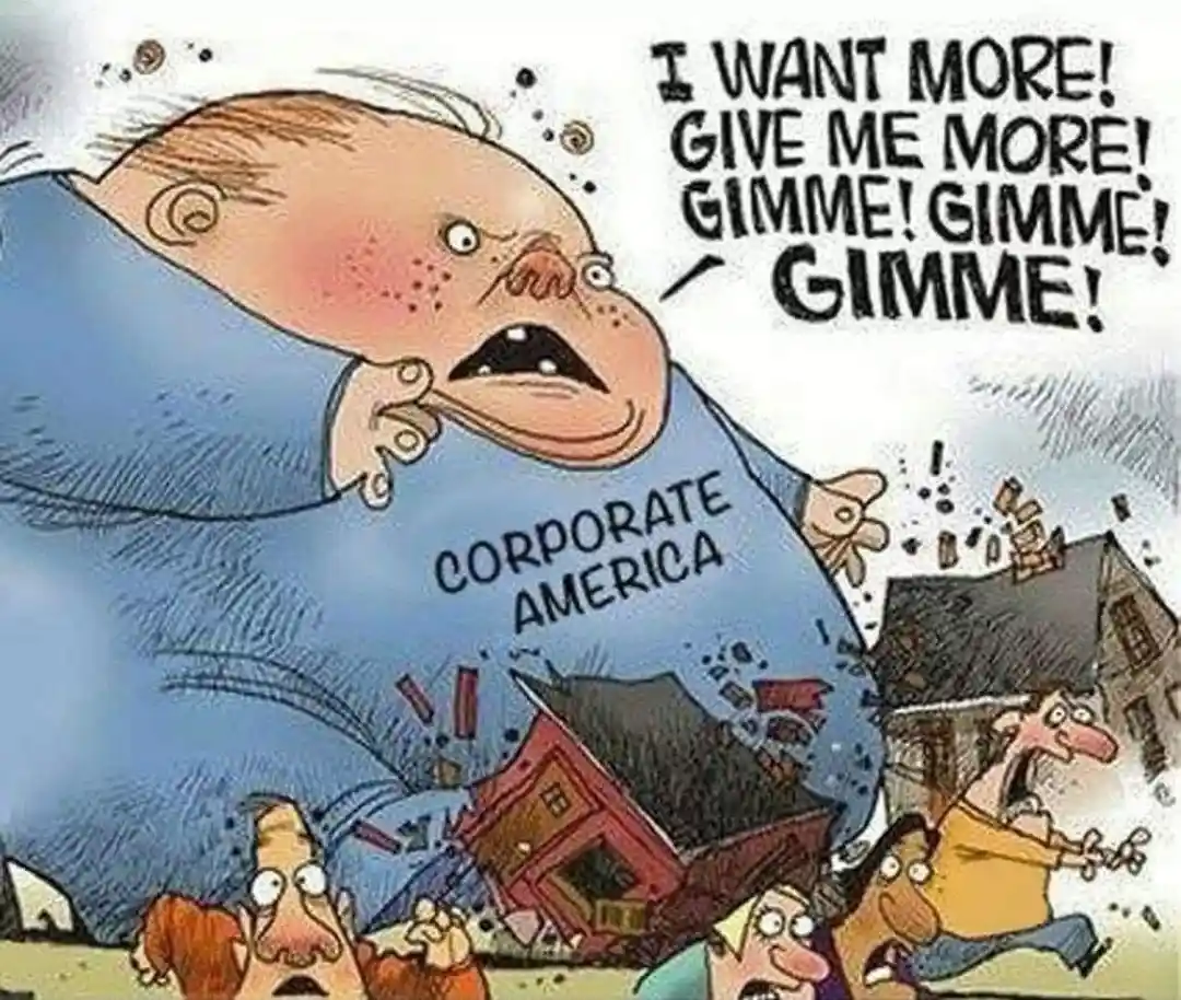 A cartoon depicts a giant, bald, angry figure labeled 'CORPORATE AMERICA' crushing small houses and people beneath its…
