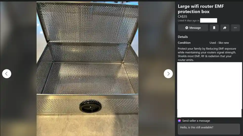 An image of a perforated metal box, resembling a small industrial bin or safe, is shown with a listing on the right side…