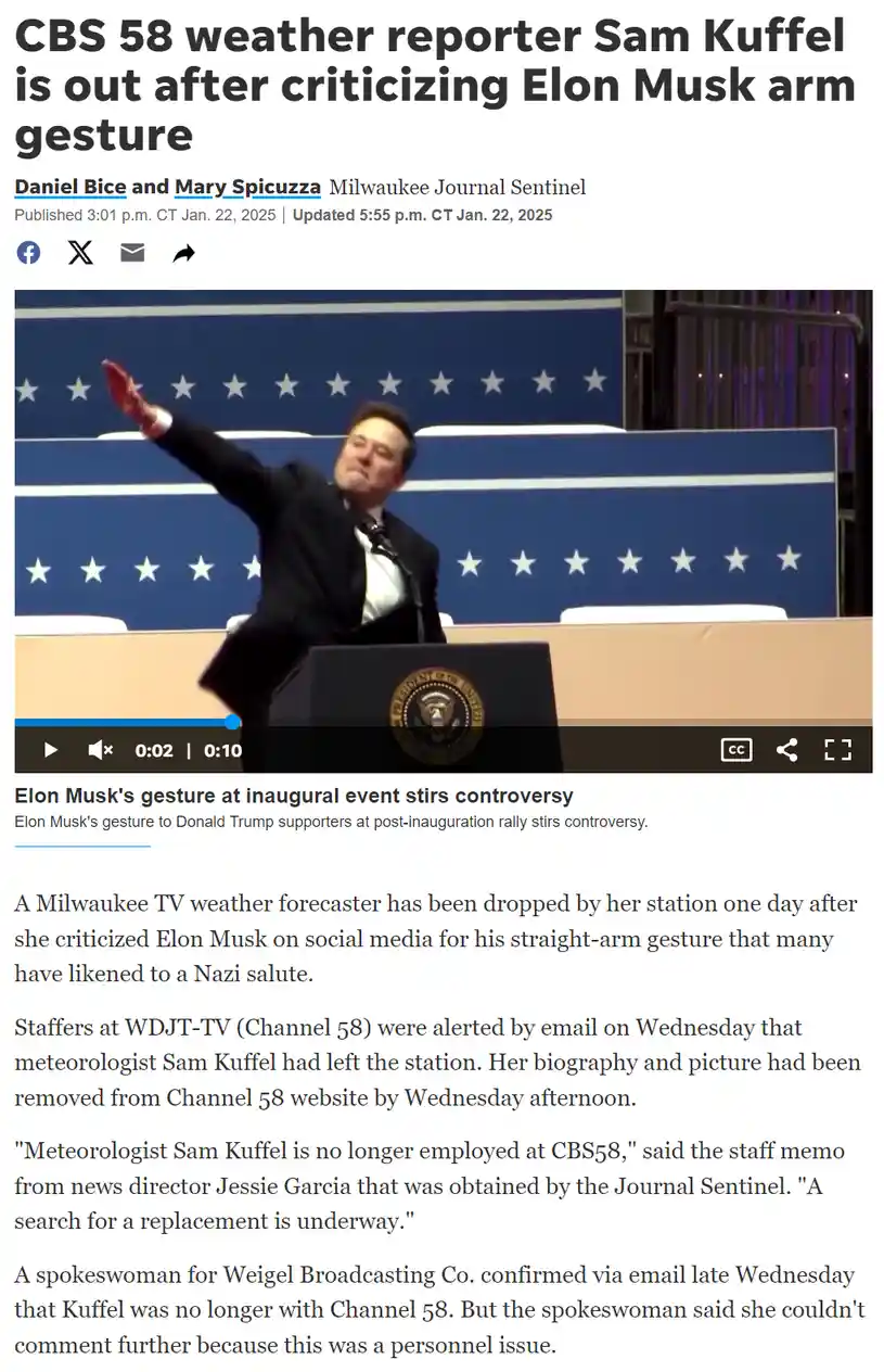 A screenshot of a news article about CBS 58 weather reporter Sam Kuffel being fired after criticizing Elon Musk's arm…
