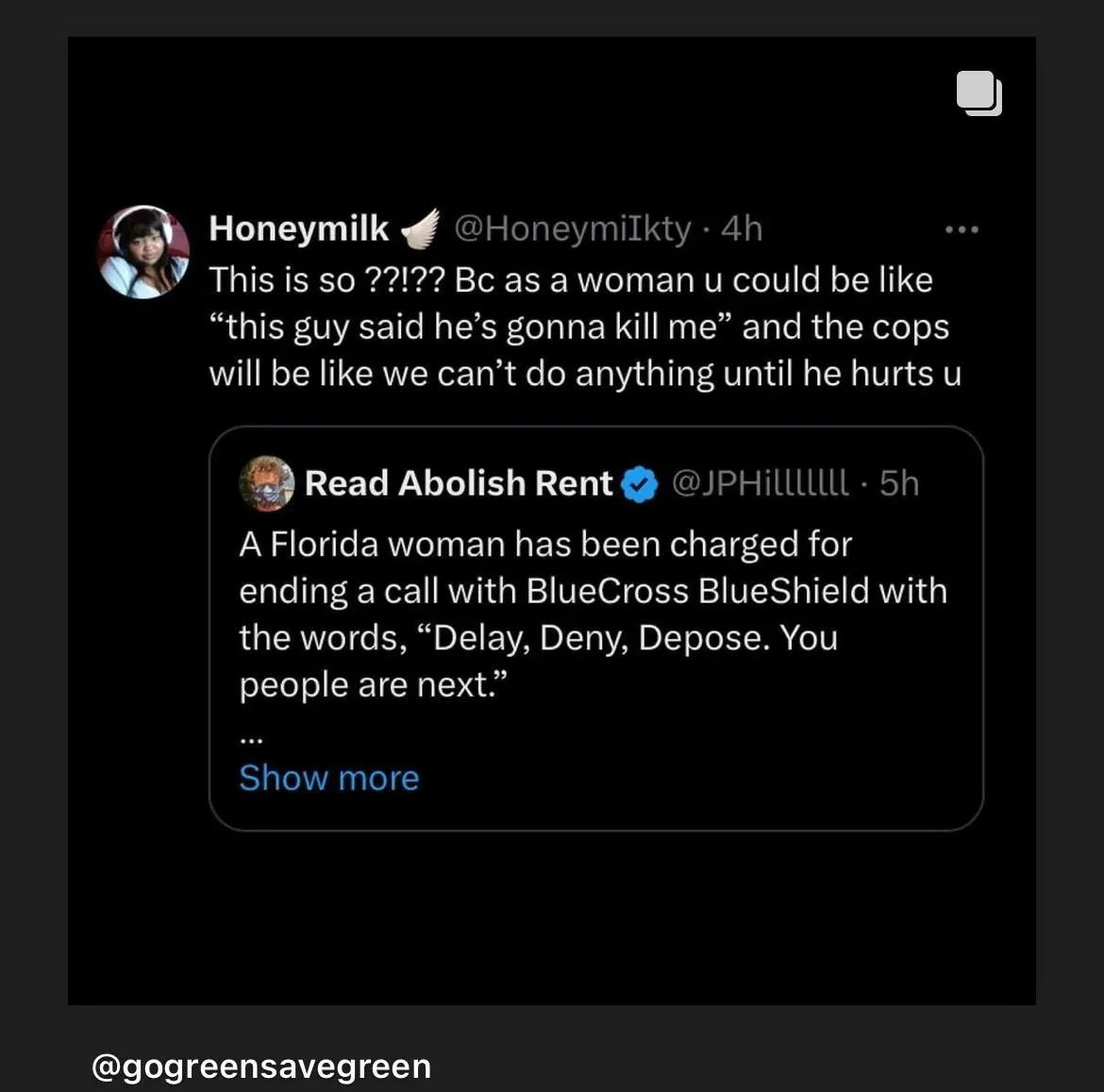 A screenshot of a Twitter thread shows a user named Honeymilk reacting to a tweet from 'Read Abolish Rent' about a Florida…
