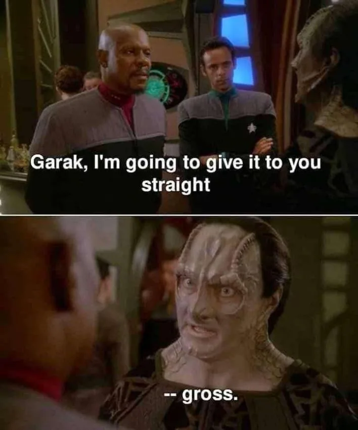 The meme features two panels from Star Trek: Deep Space Nine. The top panel shows a human man in a Starfleet uniform saying…