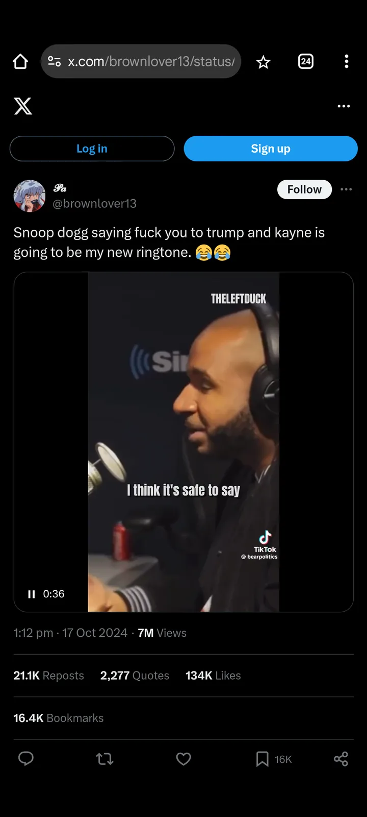 A screenshot of an X (Twitter) post showing a video clip of Snoop Dogg in a studio wearing headphones, with overlaid text…
