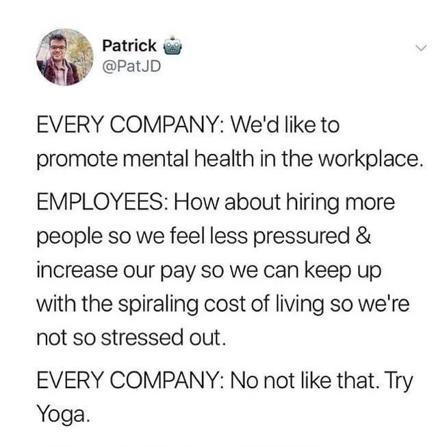 A screenshot of a tweet by Patrick (@PatJD) showing a humorous exchange where employees request realistic solutions to…