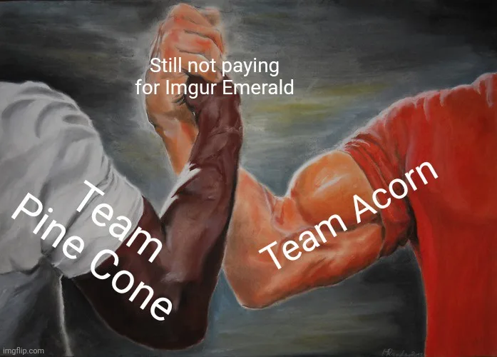 Two muscular arms locked in an arm-wrestling match, one labeled 'Team Pine Cone' and the other 'Team Acorn'. White text…