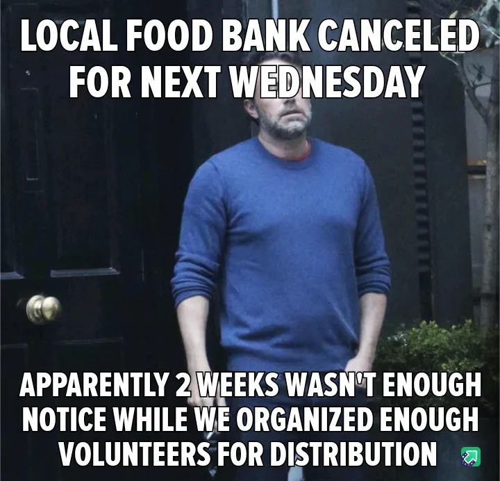 A man in a blue sweater stands in front of a dark door with a weary, resigned expression. White bold text overlays the…