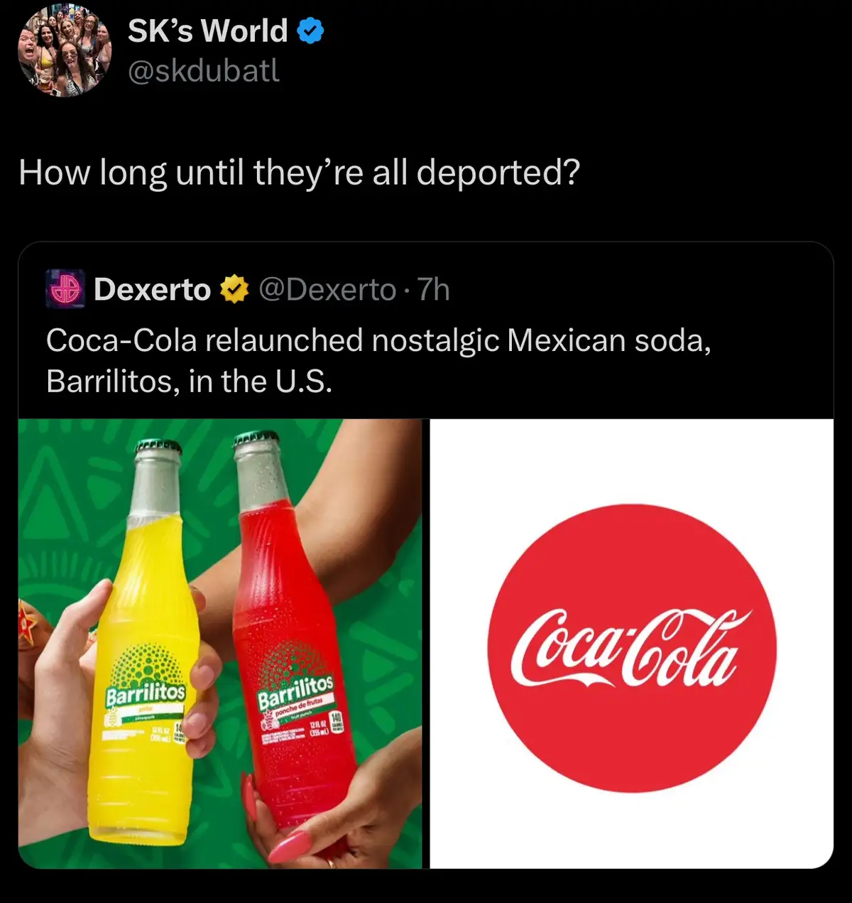 A screenshot of a tweet from 'SK's World' shows a Dexerto tweet about Coca-Cola relaunching Barrilitos soda in the U.S…