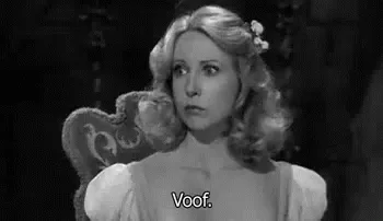 A black-and-white image sequence shows a woman with blonde hair sitting in an ornate chair, her expression shifting from…