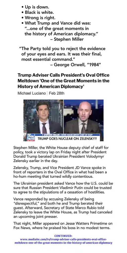 The image displays a news article snippet with a split-screen photo of Stephen Miller and another man on Fox News. The…
