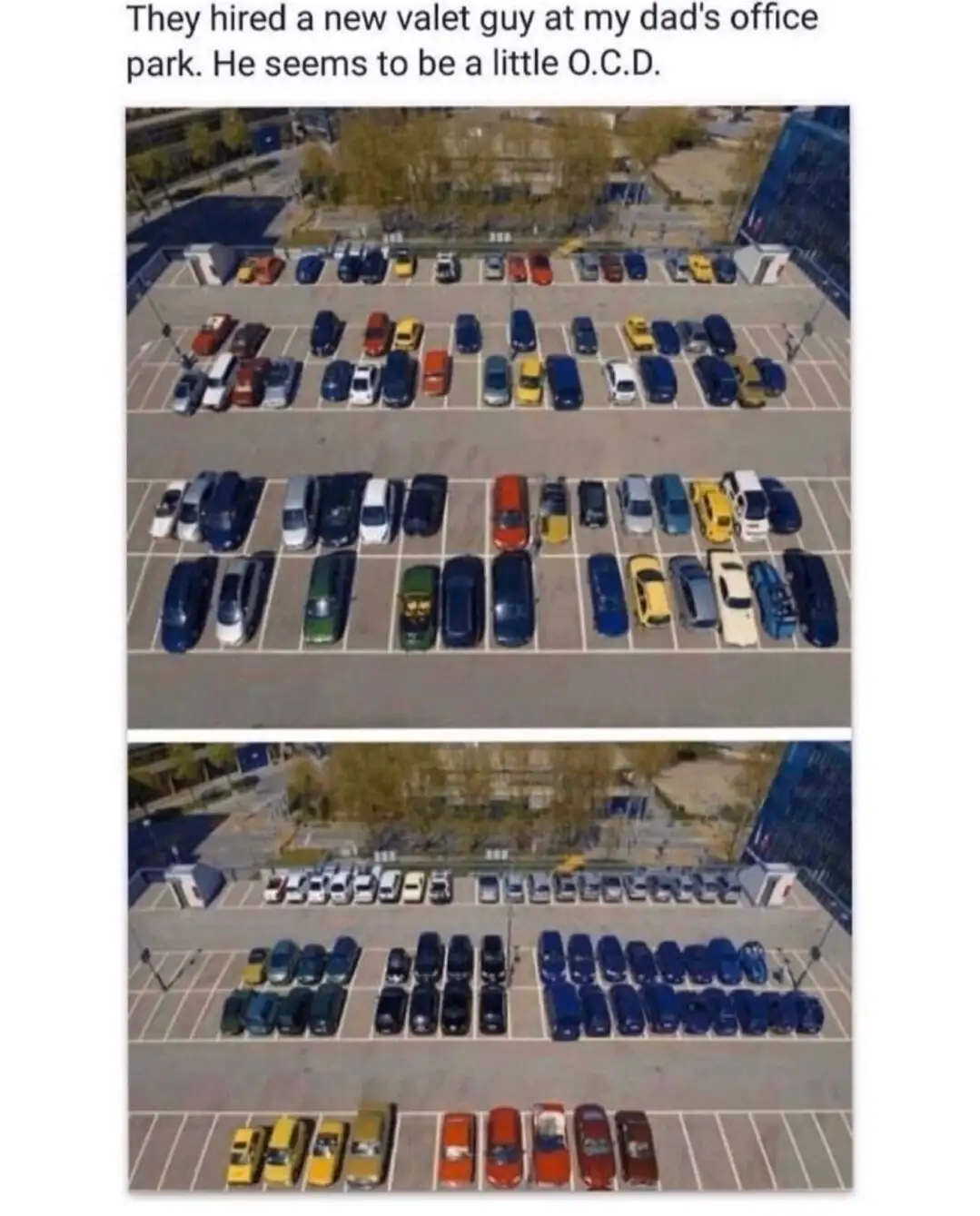 The image shows two aerial views of a parking lot. The top view shows cars parked randomly. The bottom view shows the same…