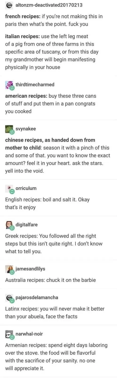 A screenshot of a Reddit thread listing humorous, exaggerated 'recipes' for various national cuisines, each with a comically…