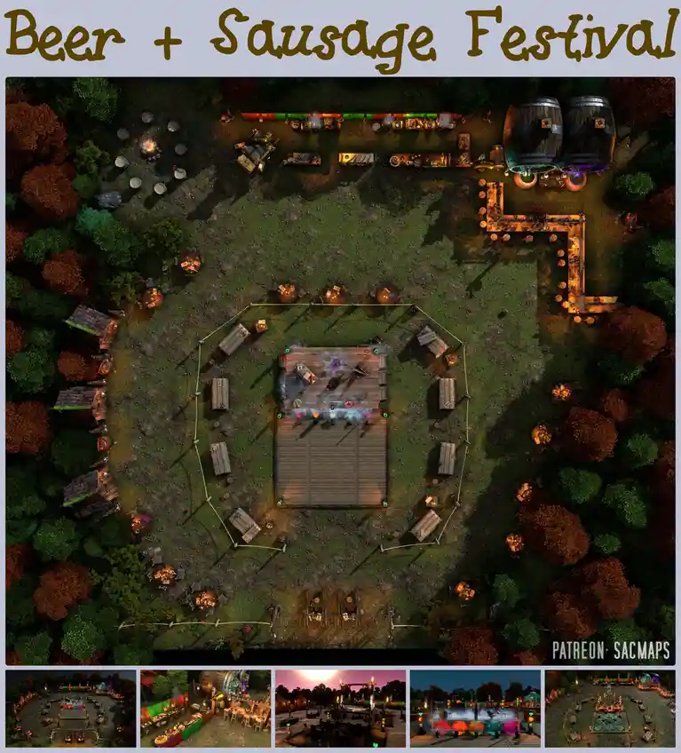 An overhead view of a fantasy festival map with a central wooden stage, surrounded by tables, food stalls, and giant beer…
