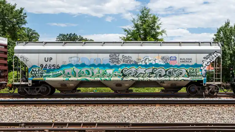 A Union Pacific freight train car, number 94656, is covered in colorful graffiti and has the text 'try keepin up!' overlaid…