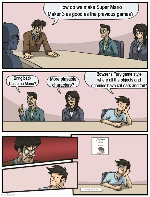 A three-panel comic depicts a meeting where employees brainstorm ideas to improve Super Mario Maker 3, suggesting bringing…