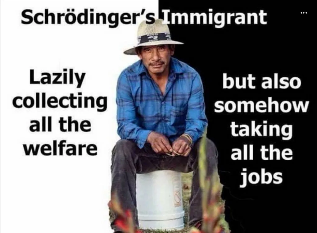 A man in a blue plaid shirt and straw hat sits on a white bucket outdoors. Text overlays the image: 'Schrödinger's…