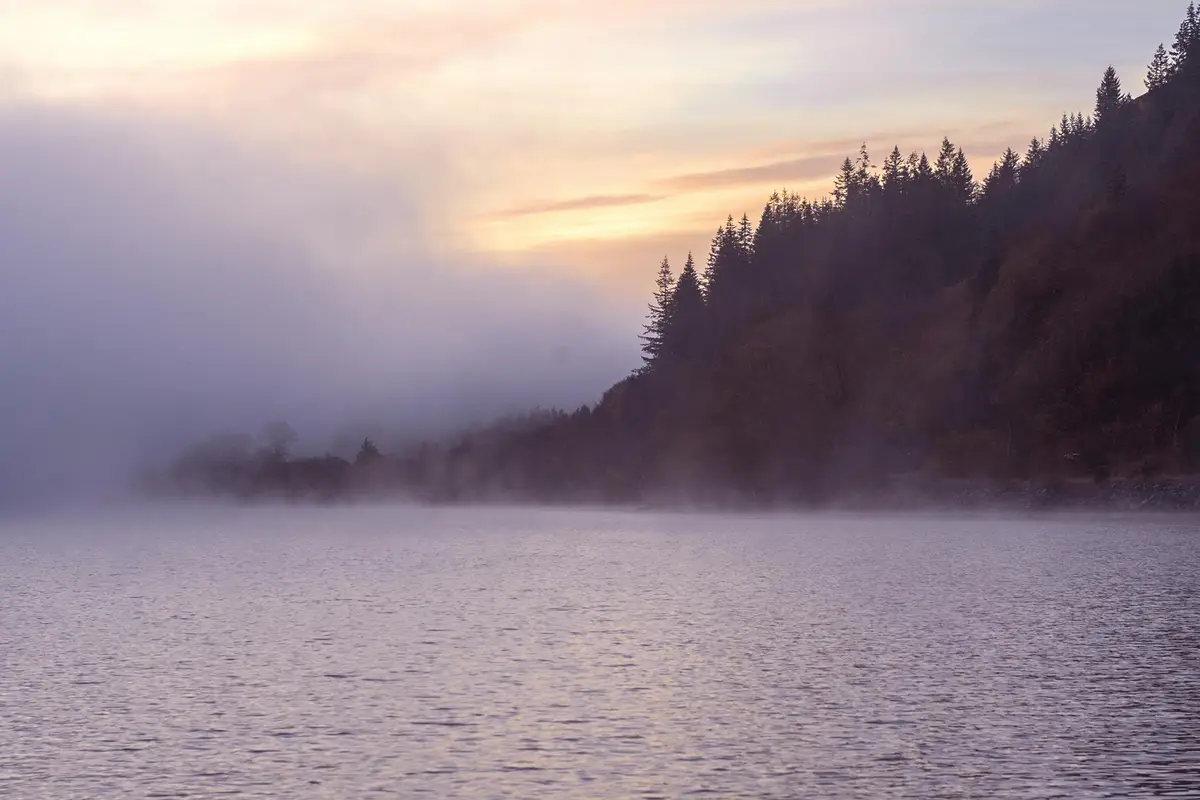 A serene, misty lake at sunrise or sunset with a forested hillside in the background. The water is calm and reflects the…