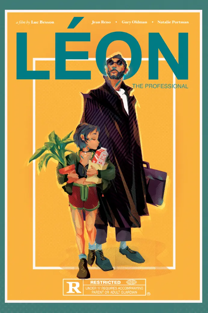 This image is a stylized poster for the 1994 film 'Léon: The Professional,' featuring a tall man in a dark trench coat and…