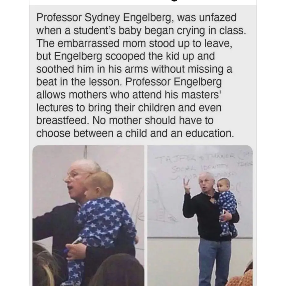 Two photos show a bald professor holding a baby in a blue star-patterned onesie while teaching in front of a whiteboard. The…