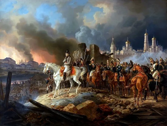 a historical painting depicts a dramatic battle scene with soldiers on horseback, smoke rising in the background, and a…