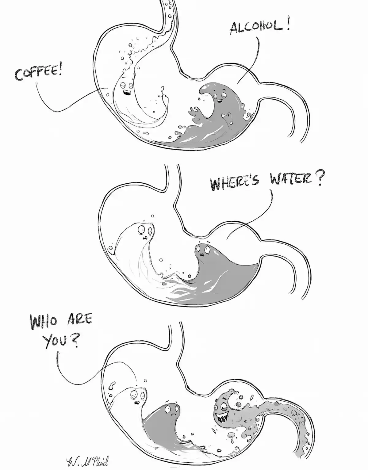 A three-panel comic shows two cartoon liquid characters, coffee and alcohol, inside a stomach. Initially happy, they later…