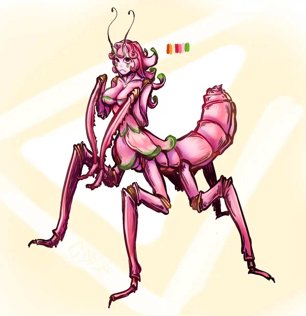 A pink, anthropomorphic insect character with long legs, antennae, and a segmented tail is depicted crying with tears…