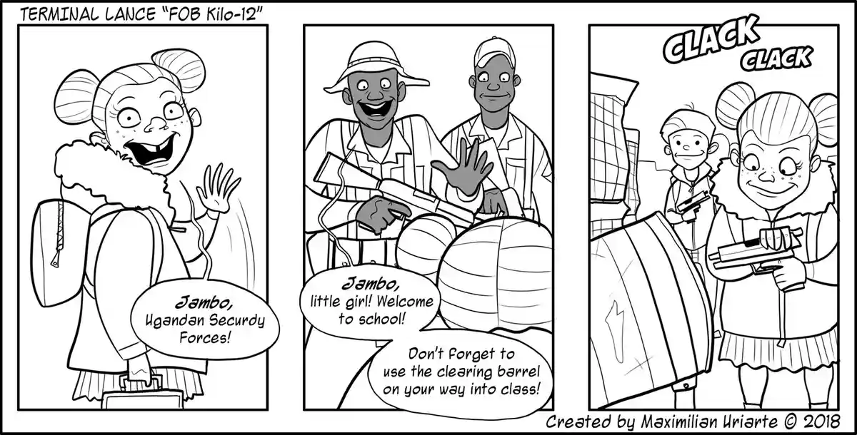 A three-panel black-and-white comic strip shows a young girl arriving at a school, greeted by armed soldiers who welcome her…