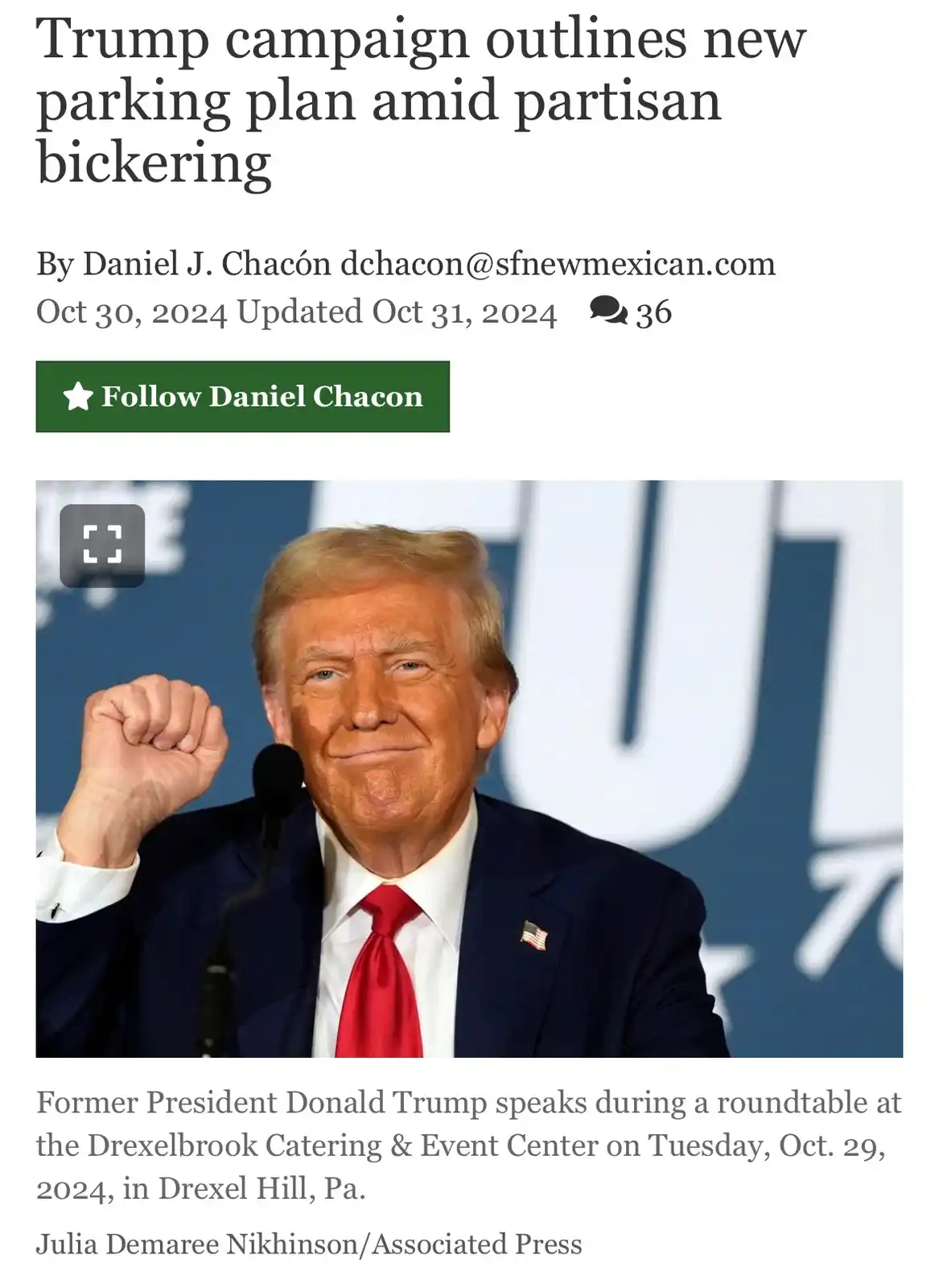 A screenshot of a news article shows former president Donald Trump smiling and raising his fist while speaking at a…