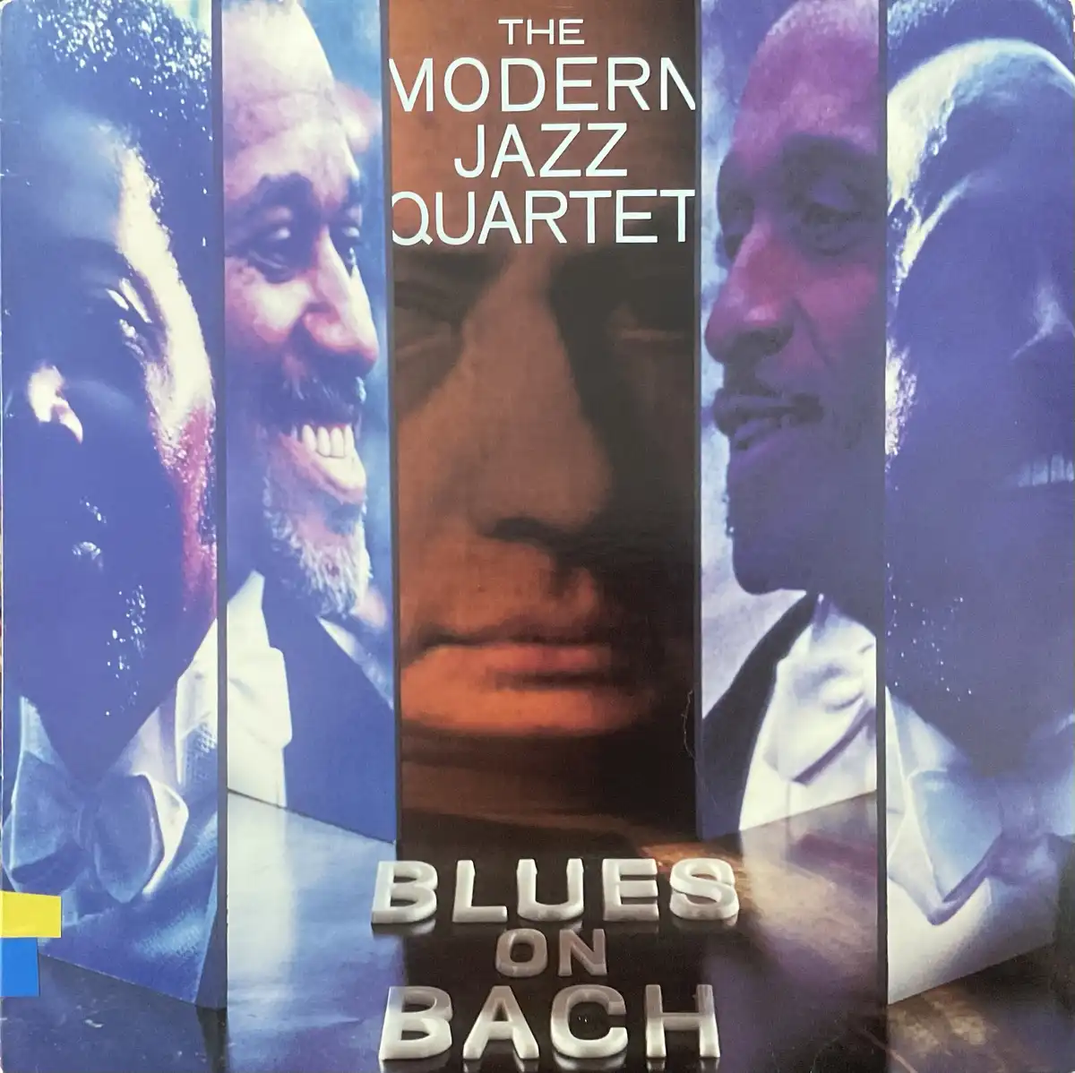 The image shows the album cover for 'Blues on Bach' by The Modern Jazz Quartet, featuring five vertical panels with close-up…